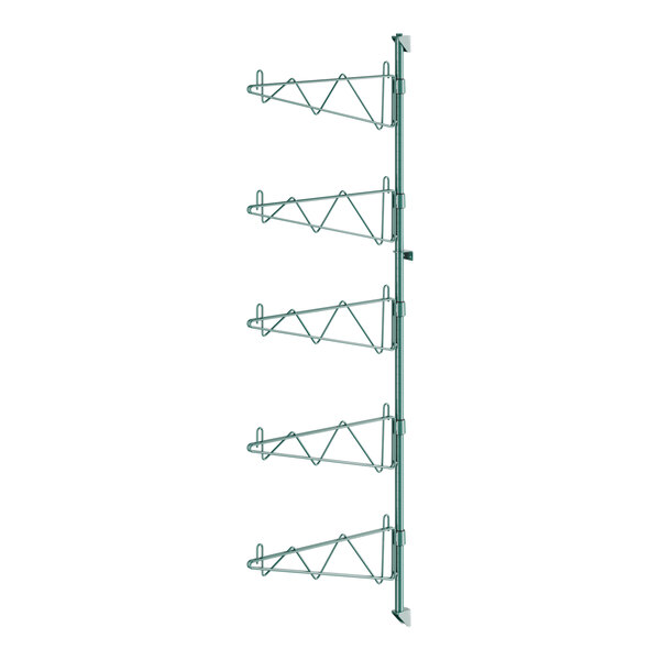 A green metal rack with five shelves and single brackets.