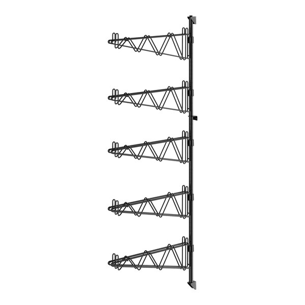 A black metal wall-mounted Regency shelf post with double brackets and four shelves.