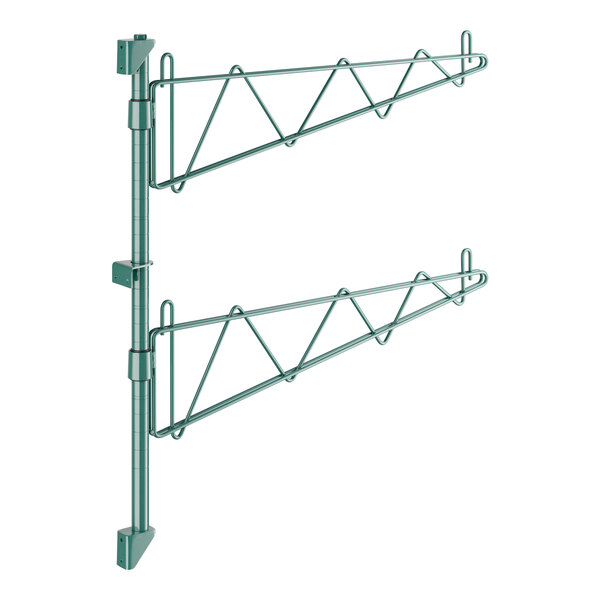 Two green Regency metal wall-mount brackets with hooks on each side.