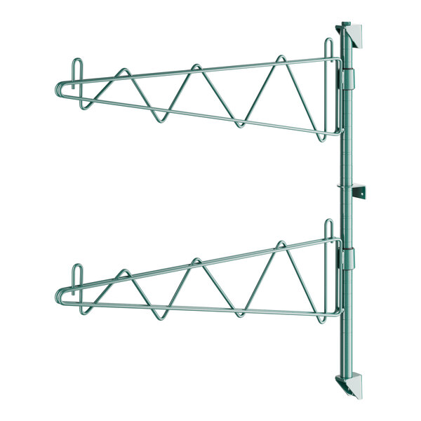 A green Regency wall-mount shelf post with brackets.