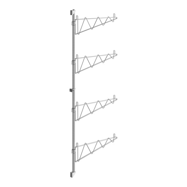 A Regency stainless steel wall-mount shelf post with single brackets for wire shelves.