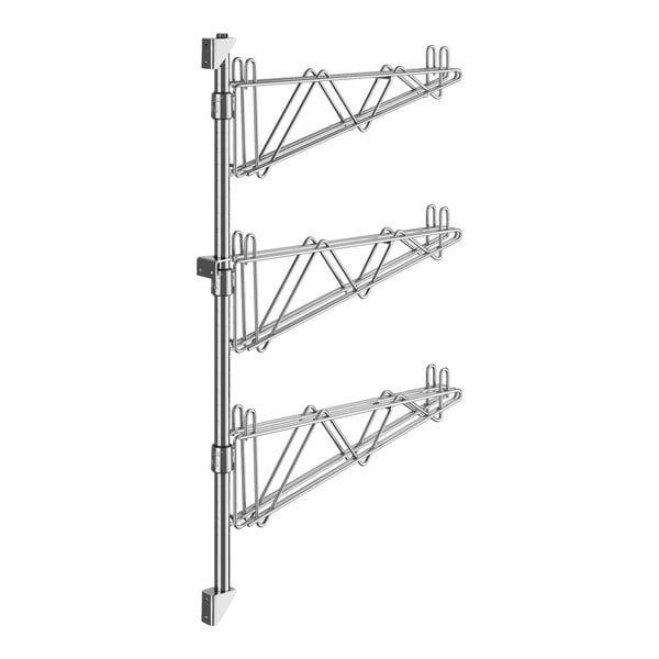 A chrome Regency wall-mount shelf post with three levels.