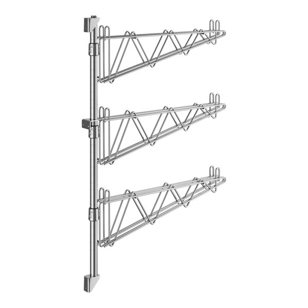 A Regency stainless steel wall-mount middle shelf post with double brackets and three shelves.