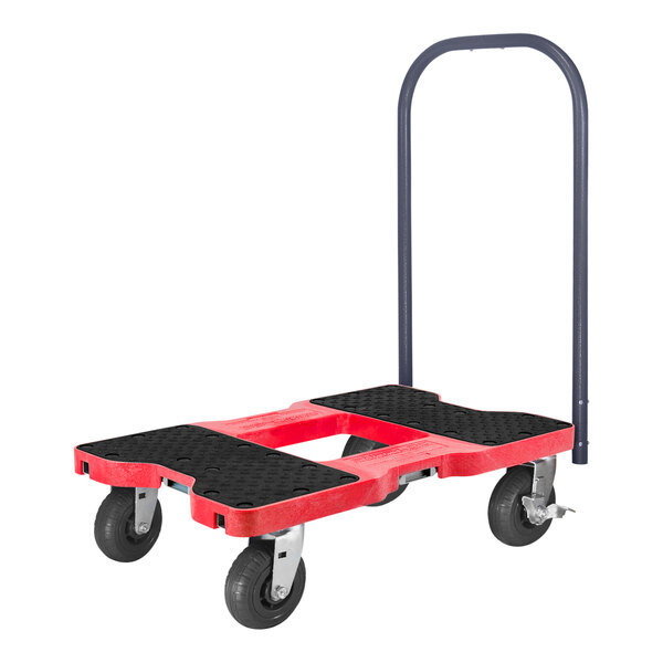 A red and black Snap-Loc push cart dolly with wheels.