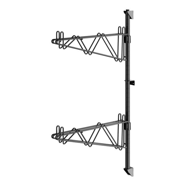 A black metal Regency wall-mount shelf post with double brackets with hooks on them.