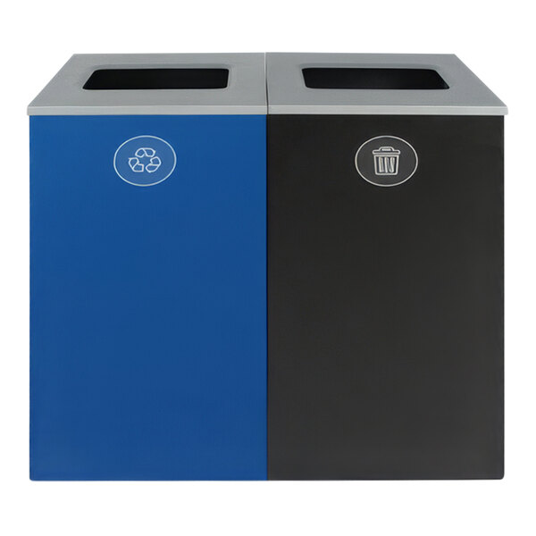 A Busch Systems Spectrum powder-coated steel two stream receptacle with blue and black lids.