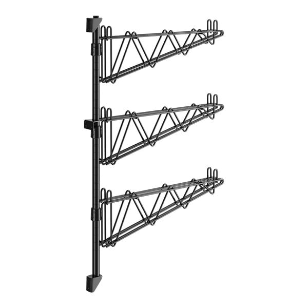 A black metal Regency wall-mount shelf post with double brackets for three shelves.