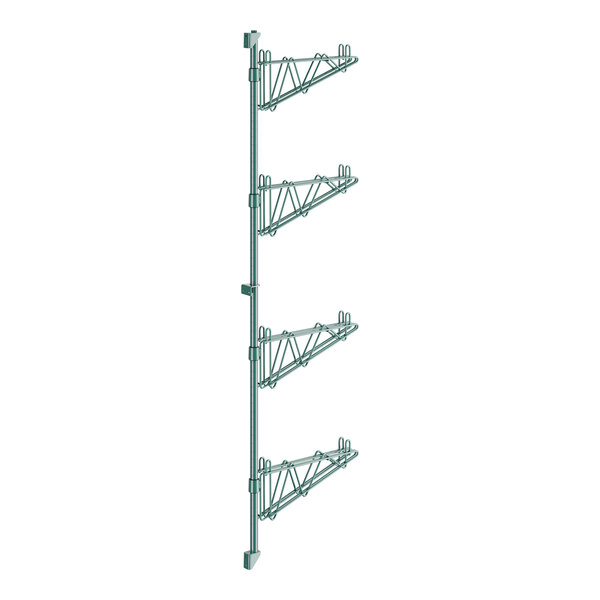 A Regency green wire shelf post with double brackets for four shelves.