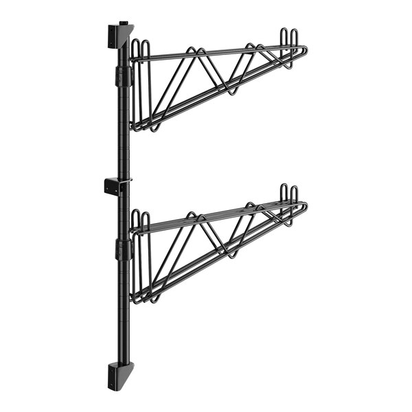 A pair of black metal brackets with two hooks.