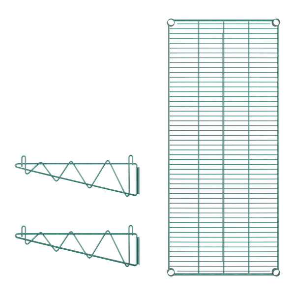 A green metal Regency wire shelf with brackets.
