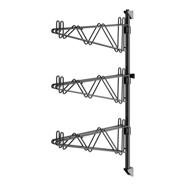 A black metal Regency wall-mounted shelf post with three levels.