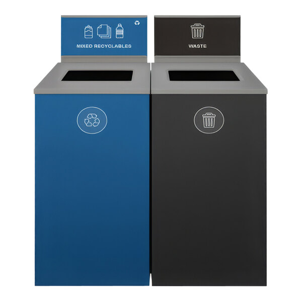 A Busch Systems Spectrum two stream decorative recycle bin with blue and black lids and white signs.