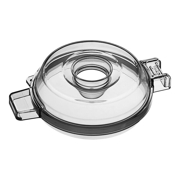 A clear glass lid with a hole for AvaMix Cadet food processors.