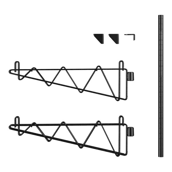 A black metal Regency wall shelf with black brackets.
