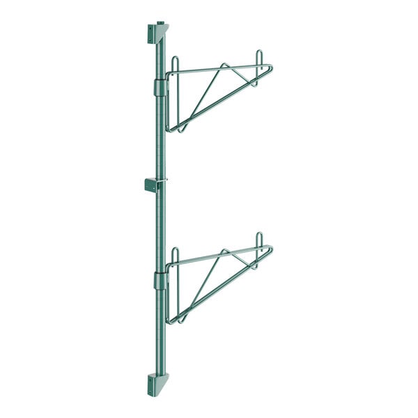 A green metal Regency wall-mounted shelf post with brackets.