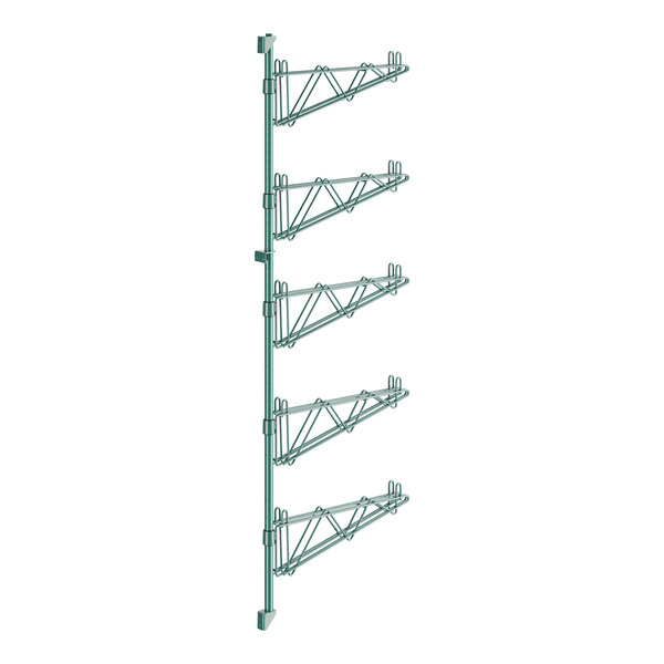 A Regency green metal wall-mounted shelf post with double brackets and four levels.