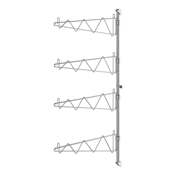 A Regency stainless steel wall-mounted rack with four shelves and metal rods.
