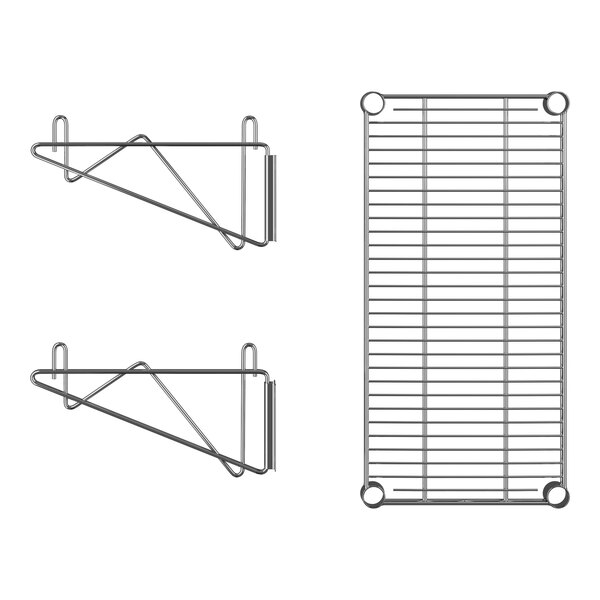 A chrome Regency wall-mount wire shelf with brackets.