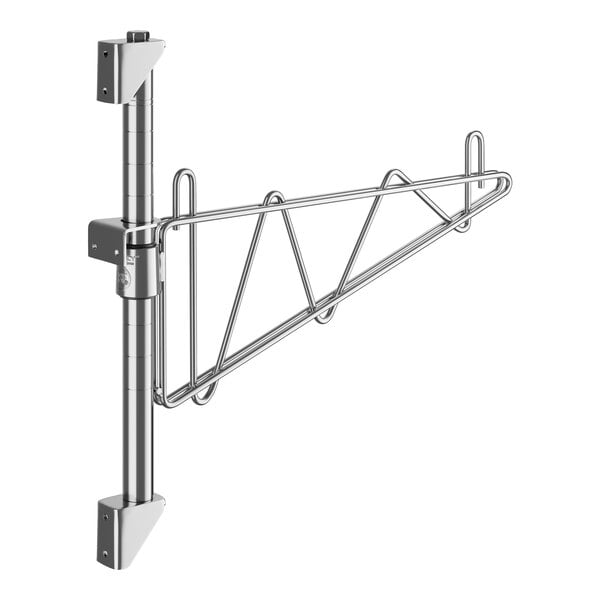 A Regency stainless steel wall-mount shelf bracket with a hook on the side.