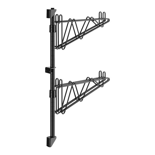 A black metal Regency wall-mount shelf post with double brackets and hooks.