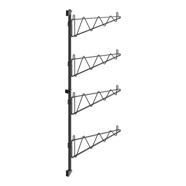 A black metal Regency wall-mount shelf post with four metal rods.