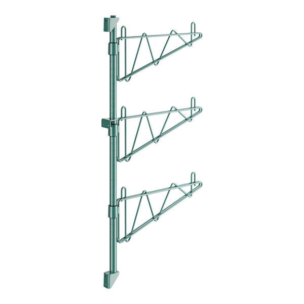 A green metal Regency wall-mount shelf post with three levels.