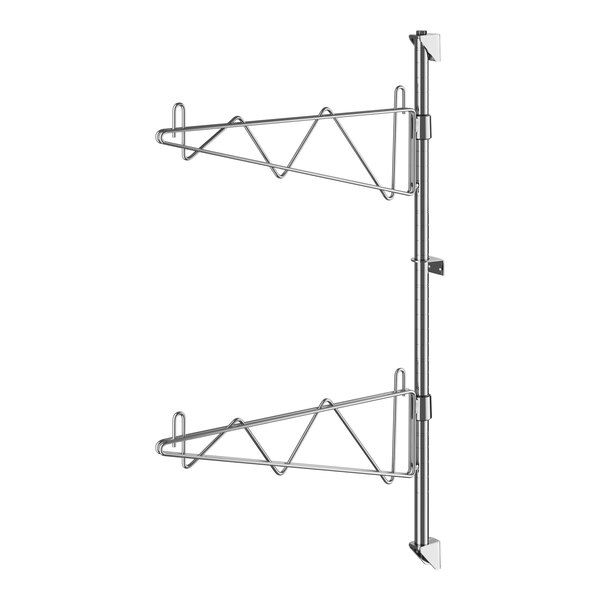 A pair of chrome metal Regency shelf post brackets with two hooks.