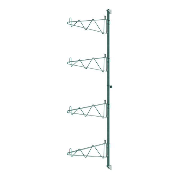 A green metal Regency wall-mounted wire shelving post with hooks.