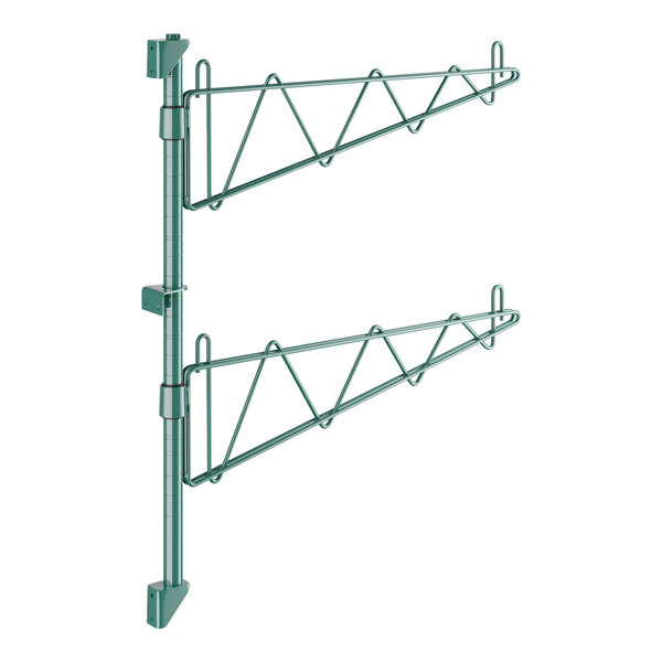 A pair of green metal Regency shelf brackets with two hooks.