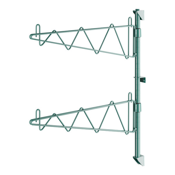 A green metal Regency wall-mount shelf post with single brackets on the ends.