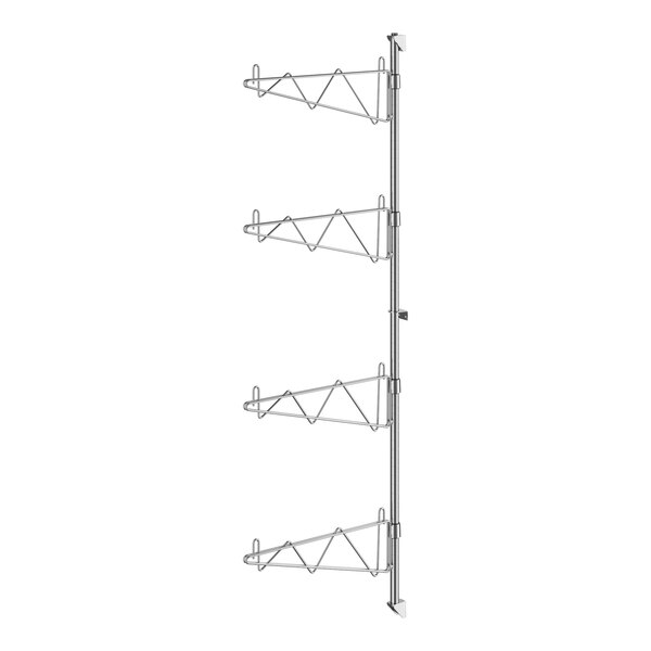 A metal wall-mounted rack with four shelves.