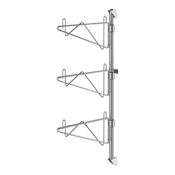 A Regency stainless steel wall-mount shelf post with three shelves on it.