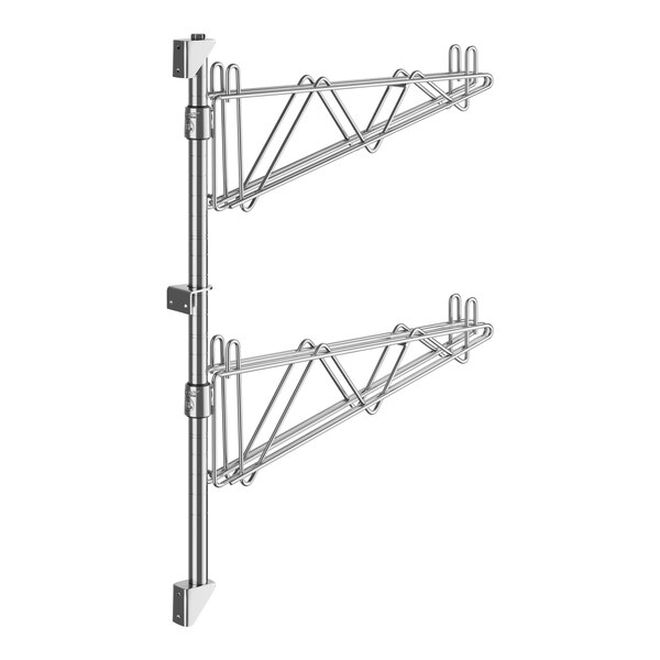 A Regency stainless steel wall-mount middle shelf post with double brackets and hooks.