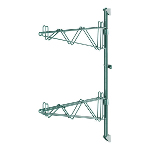 A green metal pole with double brackets with hooks.
