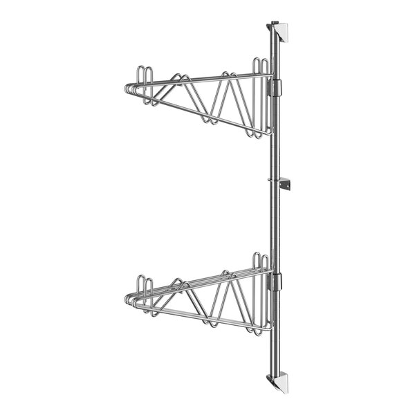 A pair of chrome metal brackets with double hooks.