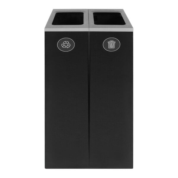 A black powder-coated steel Busch Systems slim decorative two stream recycling and waste receptacle with white labels.