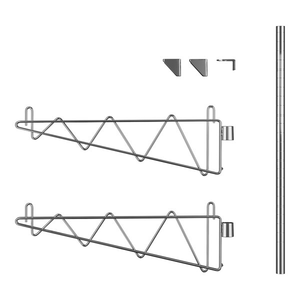 A chrome wall-mount shelf post with metal pegs and a piece of metal with two hooks.