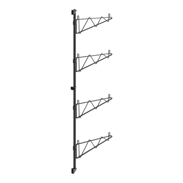 A black metal Regency wall-mount shelf post with four metal rods.