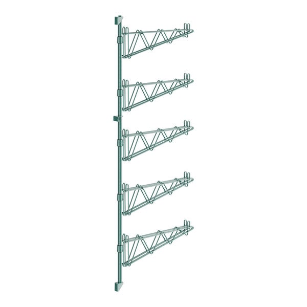 A green metal wall-mounted shelf post with double brackets for Regency wire shelving.