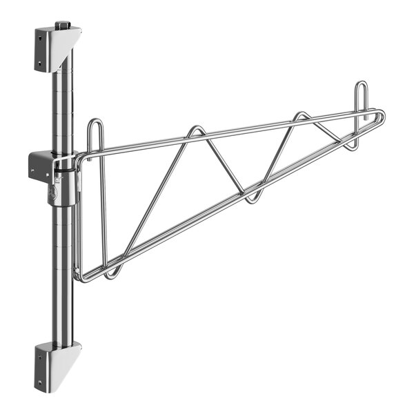 A metal Regency wall-mount shelf post with a metal bracket with a hook on the end.