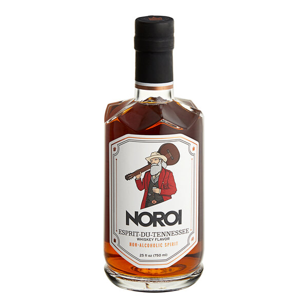 A bottle of NOROI Esprit-du-Tennessee Non-Alcoholic Whiskey with brown liquid.