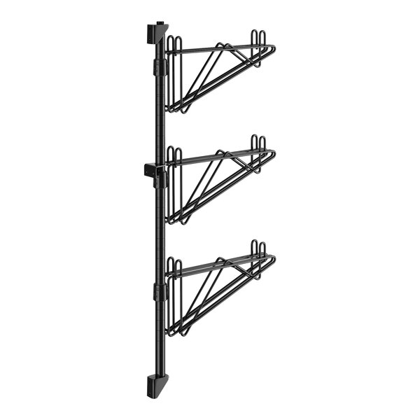 A black metal Regency wall-mount shelf post with double brackets for three shelves.