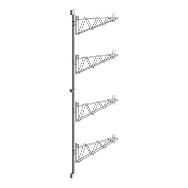A Regency chrome wall-mount shelf post with double brackets and three shelves on it.