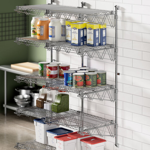 A Regency wire shelf with food items on it.