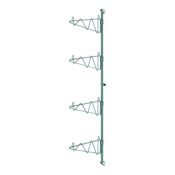 A green metal rack with four shelves and brackets.