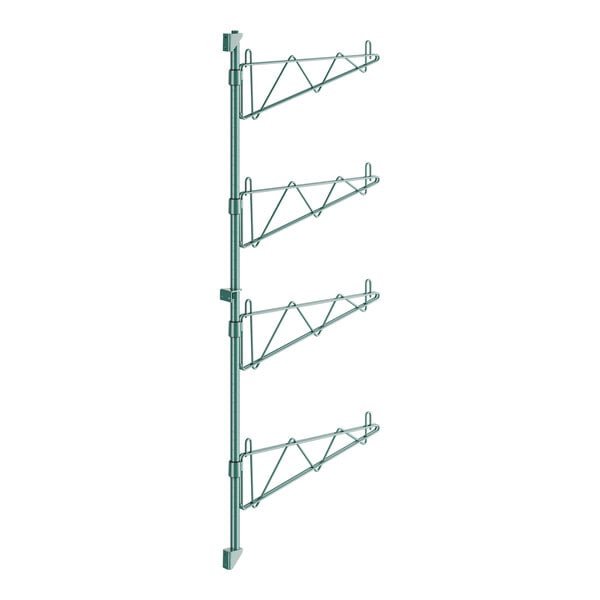 A green metal wall-mount shelf post with four metal rods.