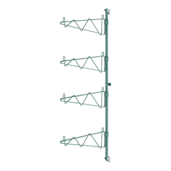 A green metal Regency wall-mounted shelf post with single brackets for four shelves.