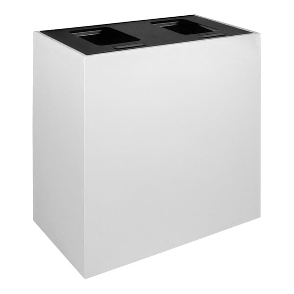 A white rectangular Busch Systems Mezzo waste receptacle with black top.