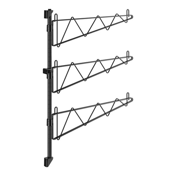 A black metal Regency wall-mount shelf post with black metal rods.