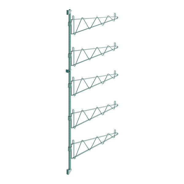 A metal Regency wall-mounted shelf post with single brackets for shelves with a white background.